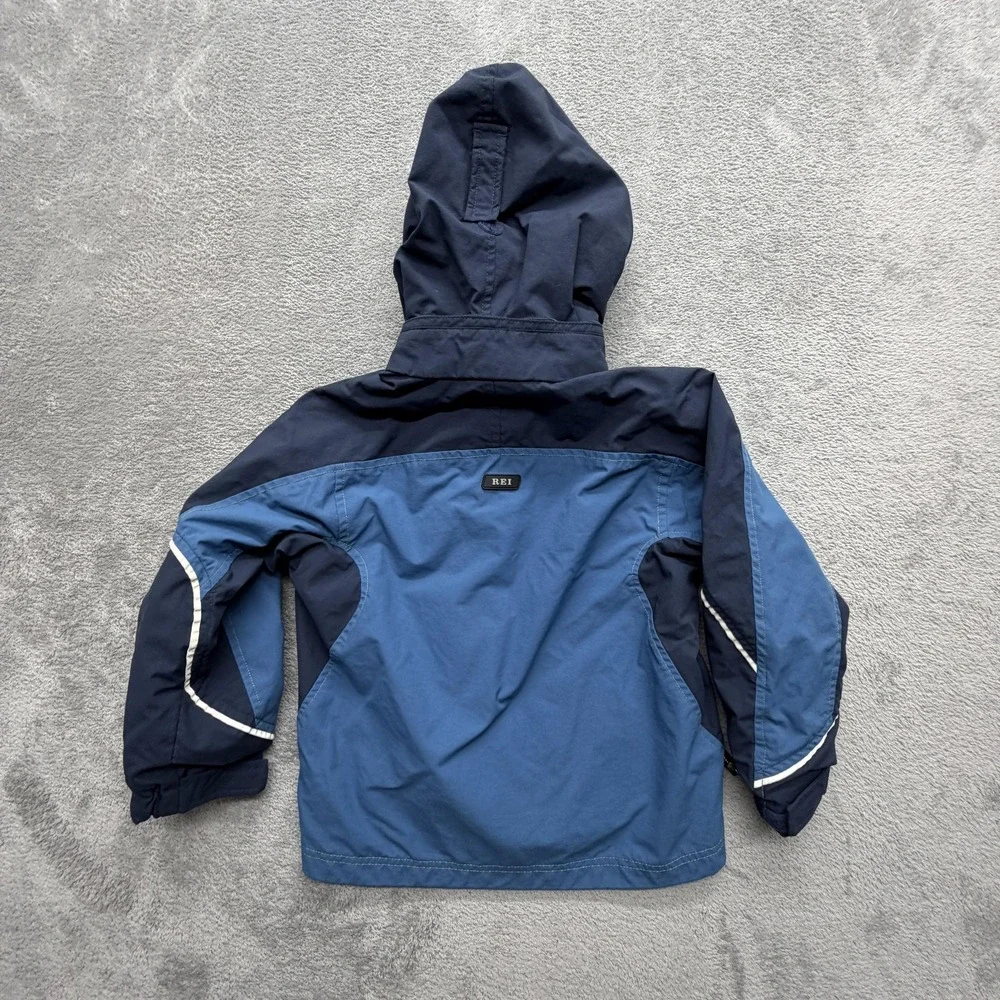 REI Jacket Boys XS 4/5 Blue Hooded Rain Coat Zip 100% Nylon Colorblock‎